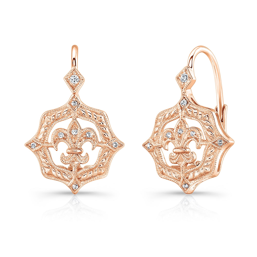 Two-Tone Mill Grained Scalloped Diamond Fleur De Lis Lever Back Earrings by Jolie Designs