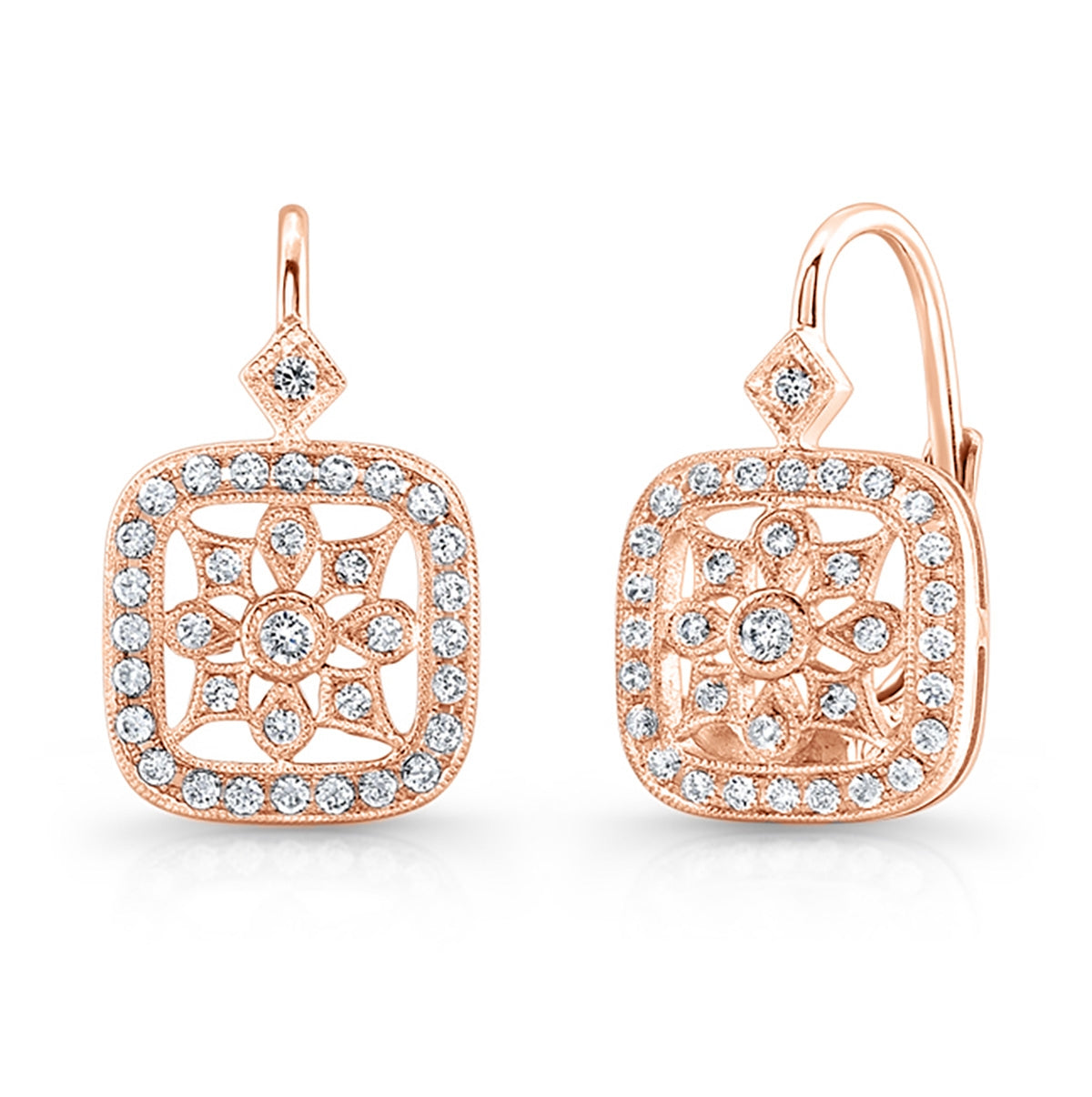 Mill Grained Diamond Lever Back Earrings in Gold and Platinum by Jolie Designs
