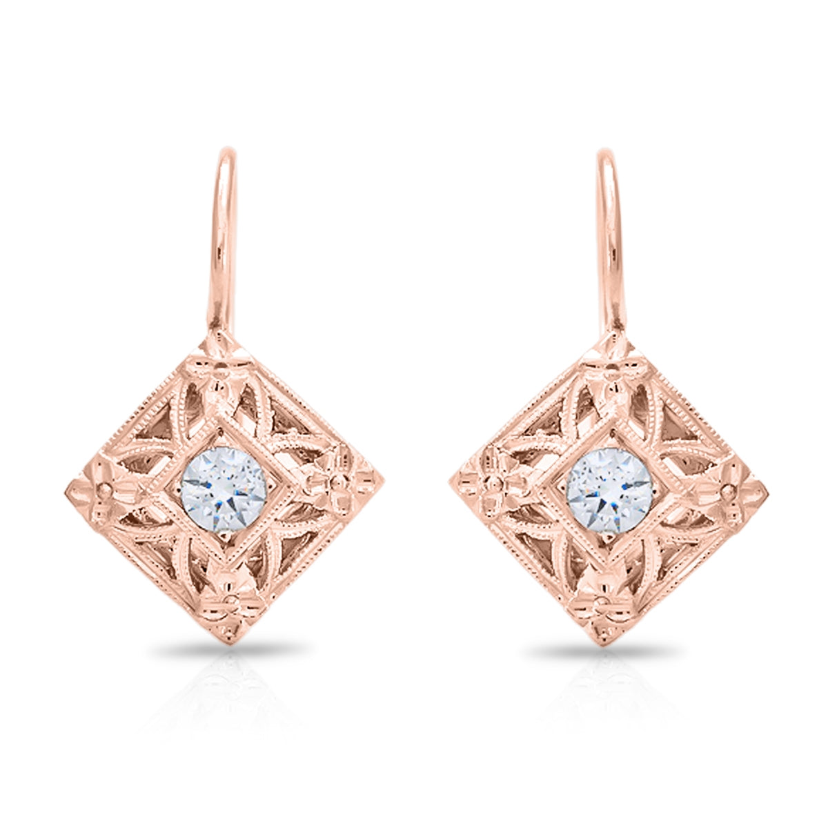 Vintage Square Diamond Leverback Earrings with Floral Design by Jolie Designs