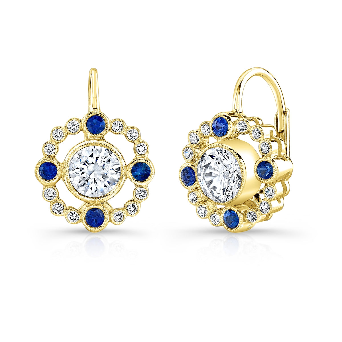 Bezel Set Blue Sapphire and Diamond Lever Back Earrings in 14k White Gold by Jolie Designs