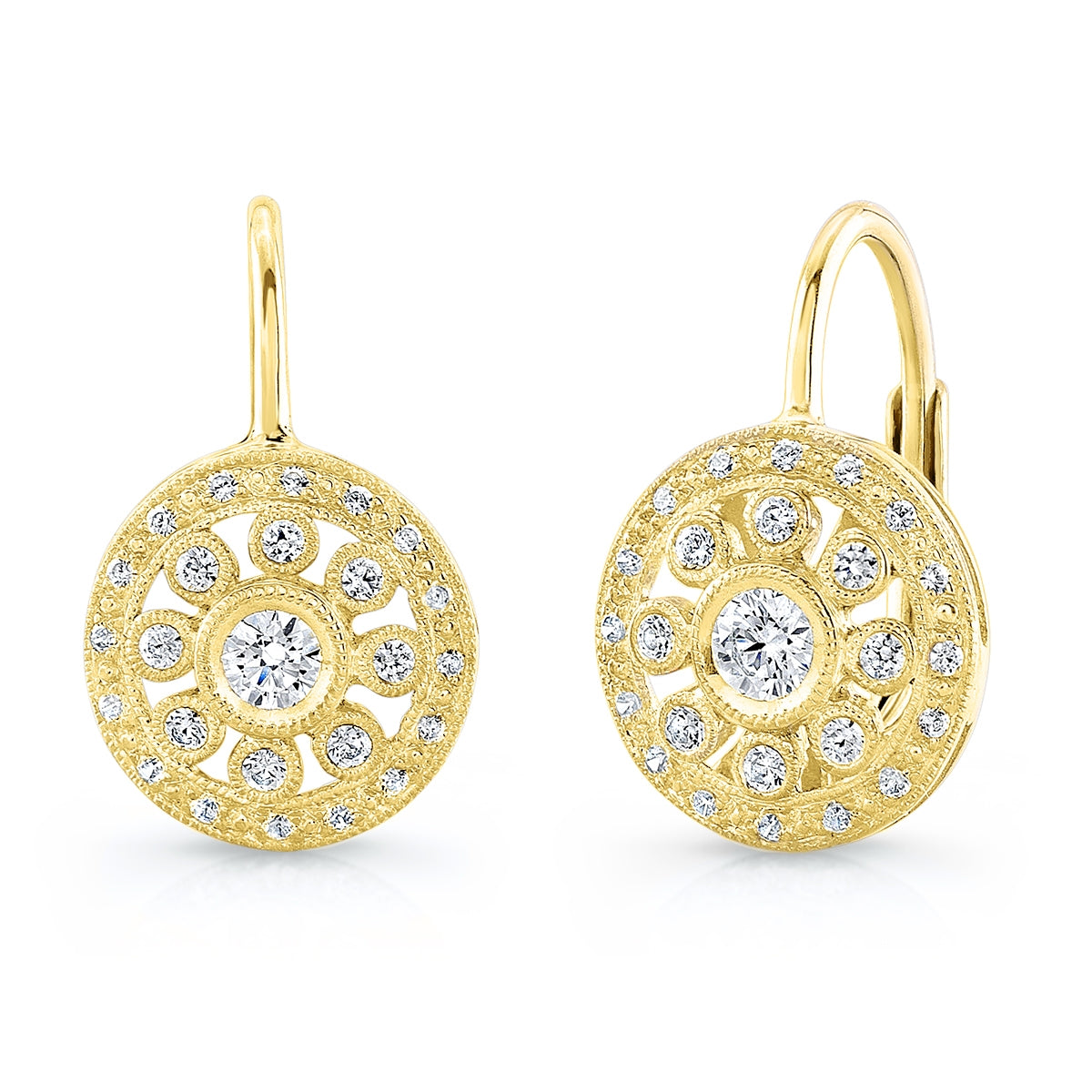 Mill Grained Round Diamond Circle Lever Back Earrings by Jolie Designs