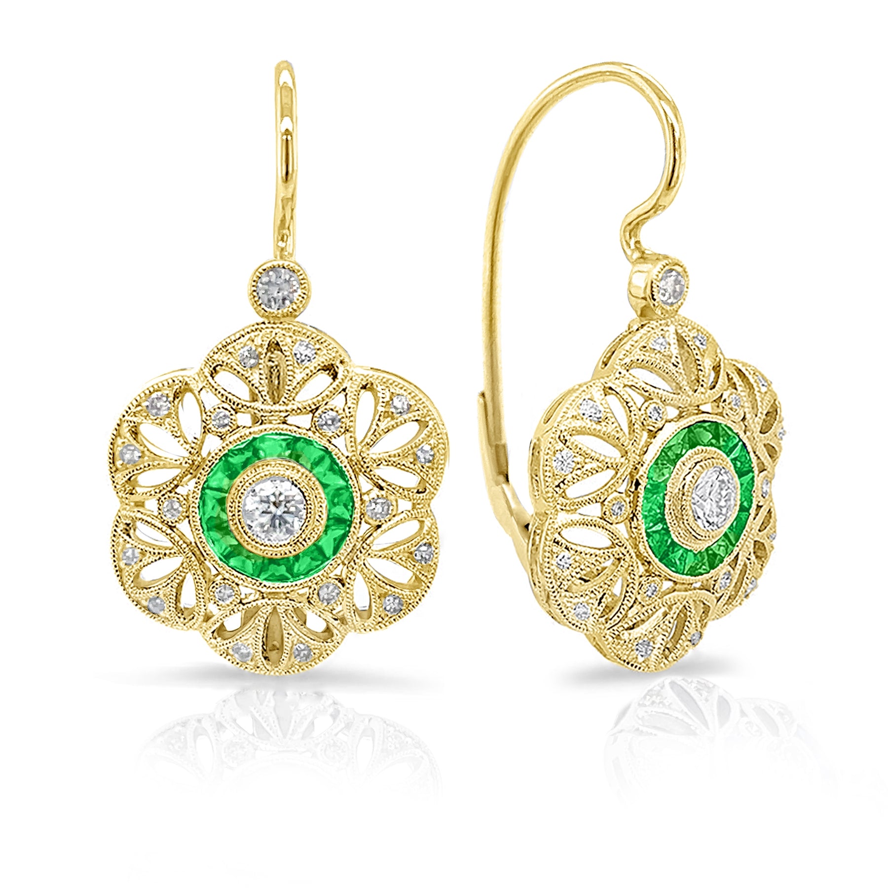 Bezel Set Diamond with Custom Cut Emerald Halo Lever Back Earrings by Jolie Designs