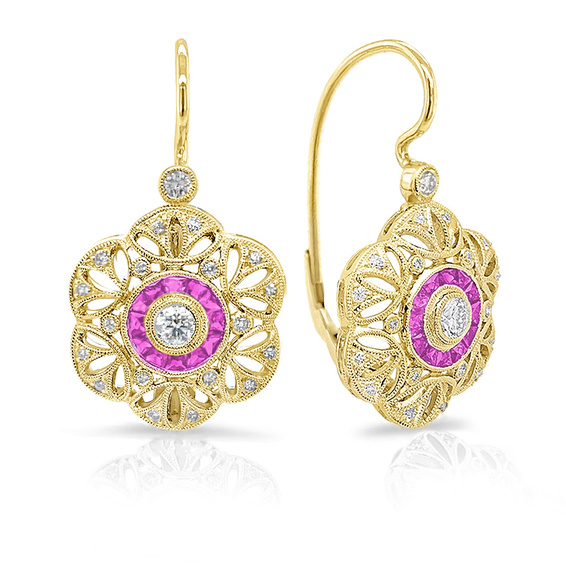 Bezel Set Diamond and Custom Cut Pink Sapphire Halo Lever Back Earrings by Jolie Designs