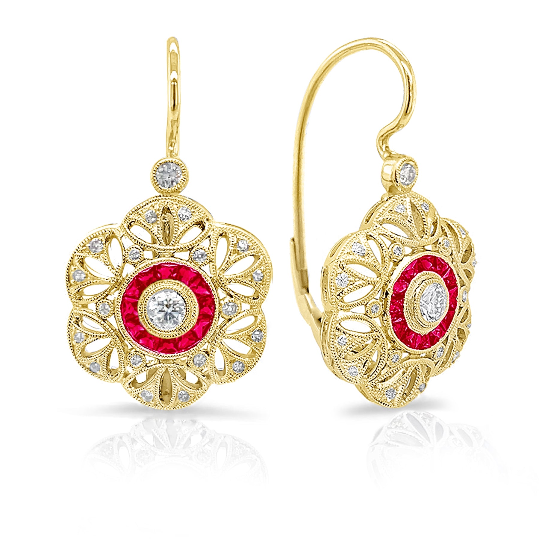 Bezel Set Diamond Center and Custom Cut Ruby Halo Lever Back Earrings by Jolie Designs