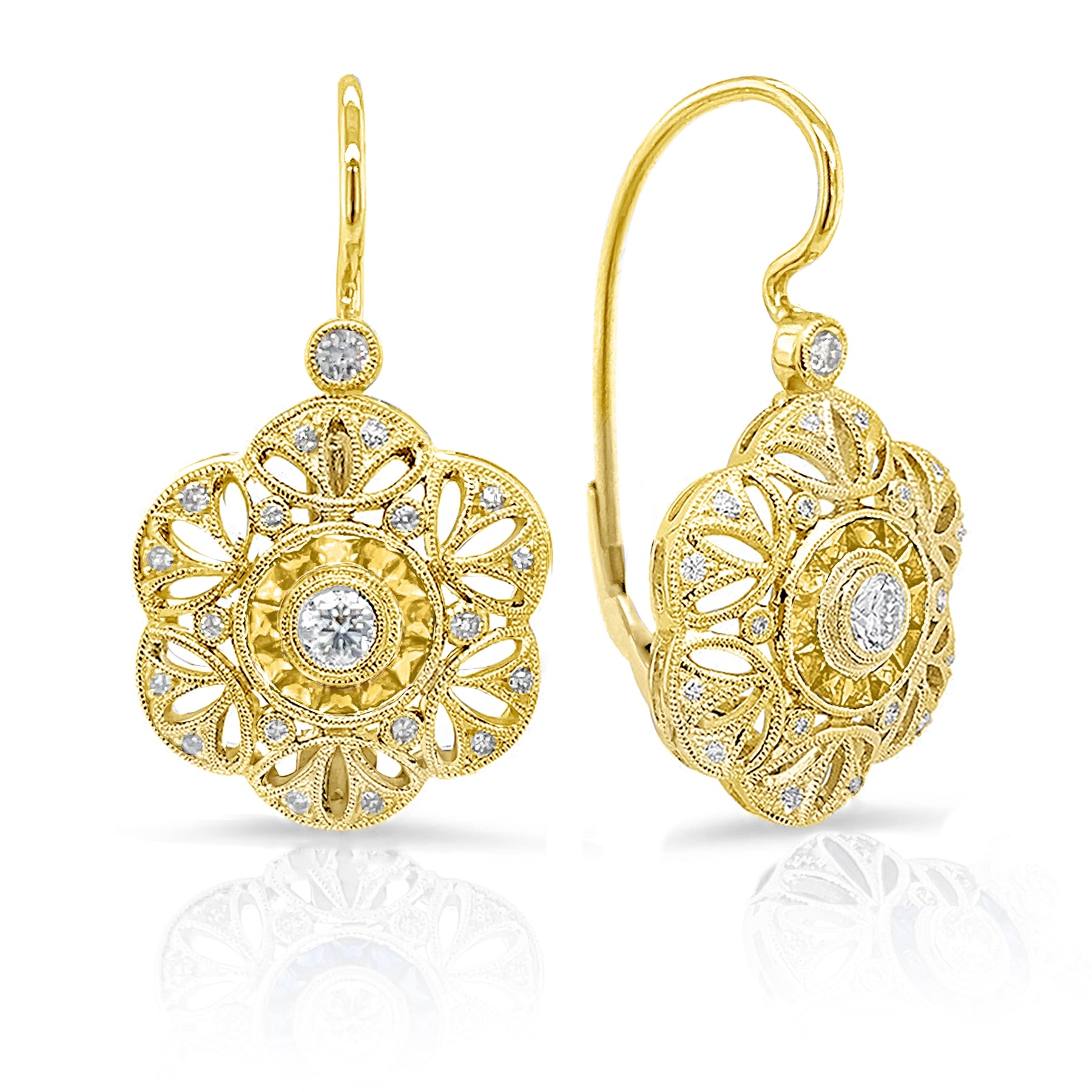 Bezel Set Diamond and Custom Cut Yellow Sapphire Halo Lever Back Earrings by Jolie Designs