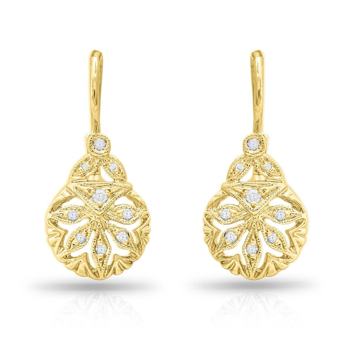 Vintage Round Diamond Ornament Earrings with Milgrain Detail by Jolie Designs