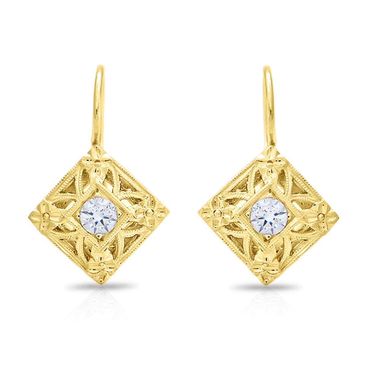 Vintage Square Diamond Leverback Earrings with Floral Design by Jolie Designs