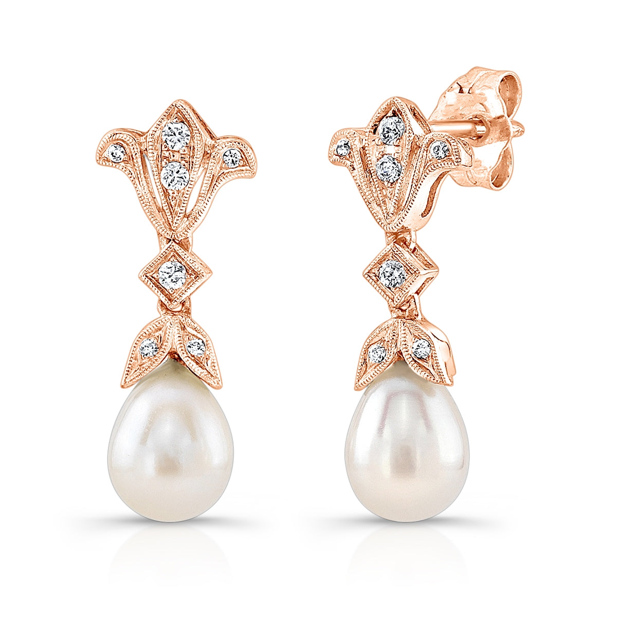 Elegant Diamond and Pearl Post Earrings by Jolie Designs