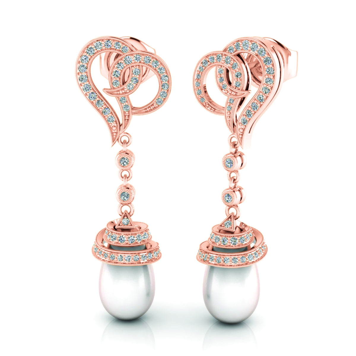Diamond Abstract Heart Shape and Pearl Drop Earrings by Jolie Designs