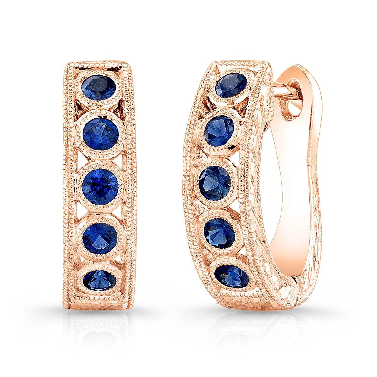 Antique Style Engraved Bezel Set Blue Sapphire Earrings by Jolie Designs