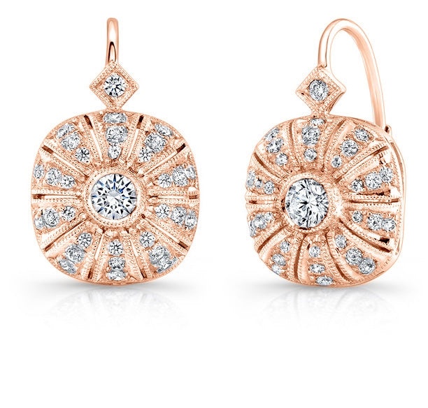 Cushion-Shaped Milgrain Round Diamond Lever-Back Earrings in Gold or Platinum by Jolie Designs
