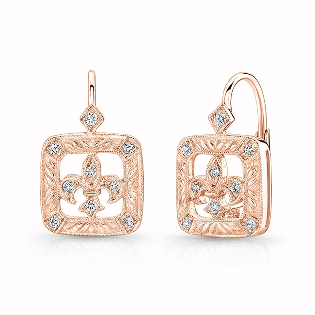 Jolie Designs Mill Grained Diamond Fleur De Li Lever Back Earrings - ELV9007D