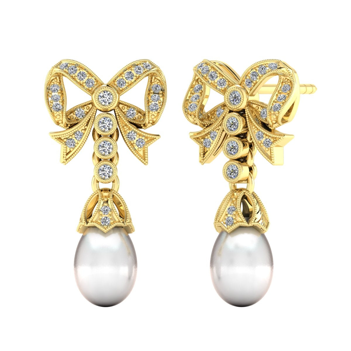 Diamond Bows and Pearl Post Earrings in 18k Rose Gold | Jolie Designs