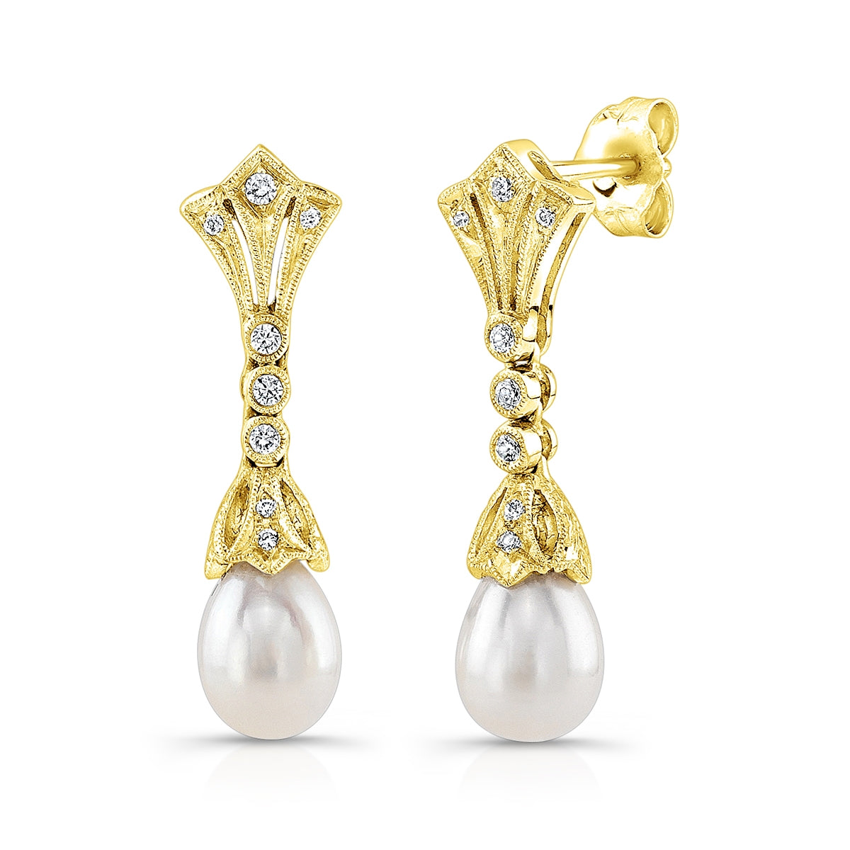 Bezel Diamond and Pearl Dangle Post Earrings in White Gold or Platinum by Jolie Designs