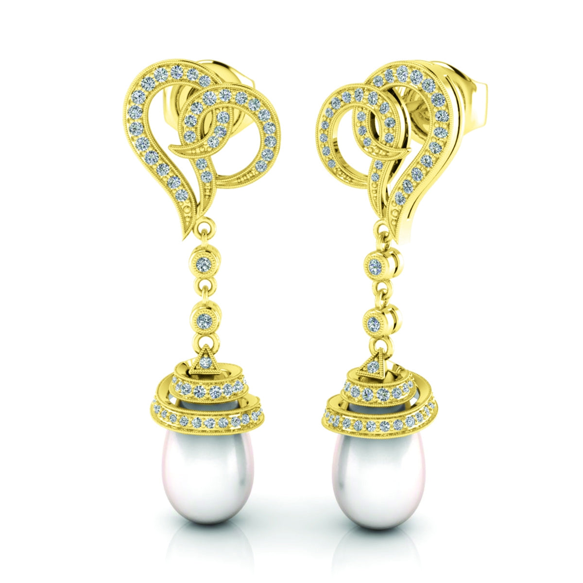 Diamond Abstract Heart Shape and Pearl Drop Earrings by Jolie Designs