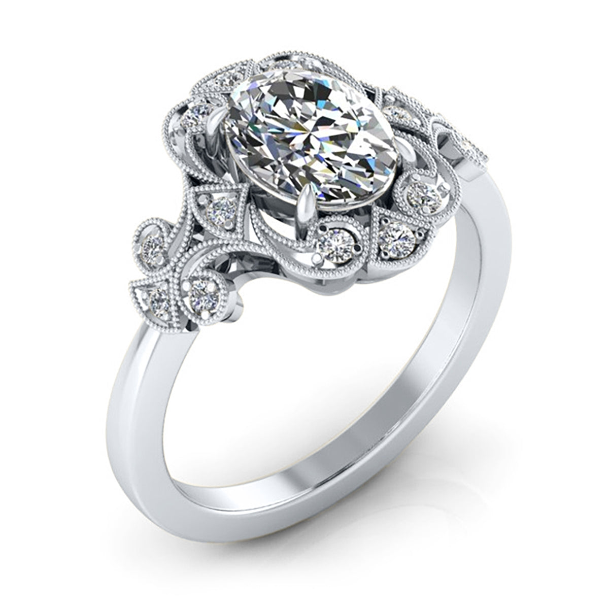 Gordon Clark Vintage Inspired Oval Diamond Scrollwork Engagement Ring by Jolie Designs