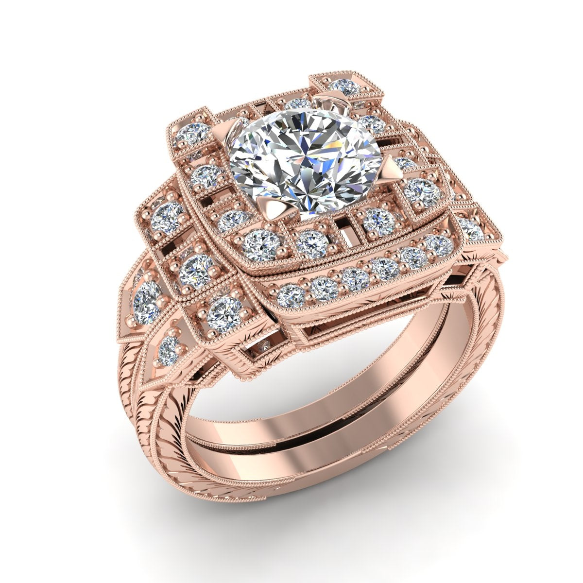 Antique Inspired Diamond Engagement Ring with Baguettes and Milgrain by Gordon Clark