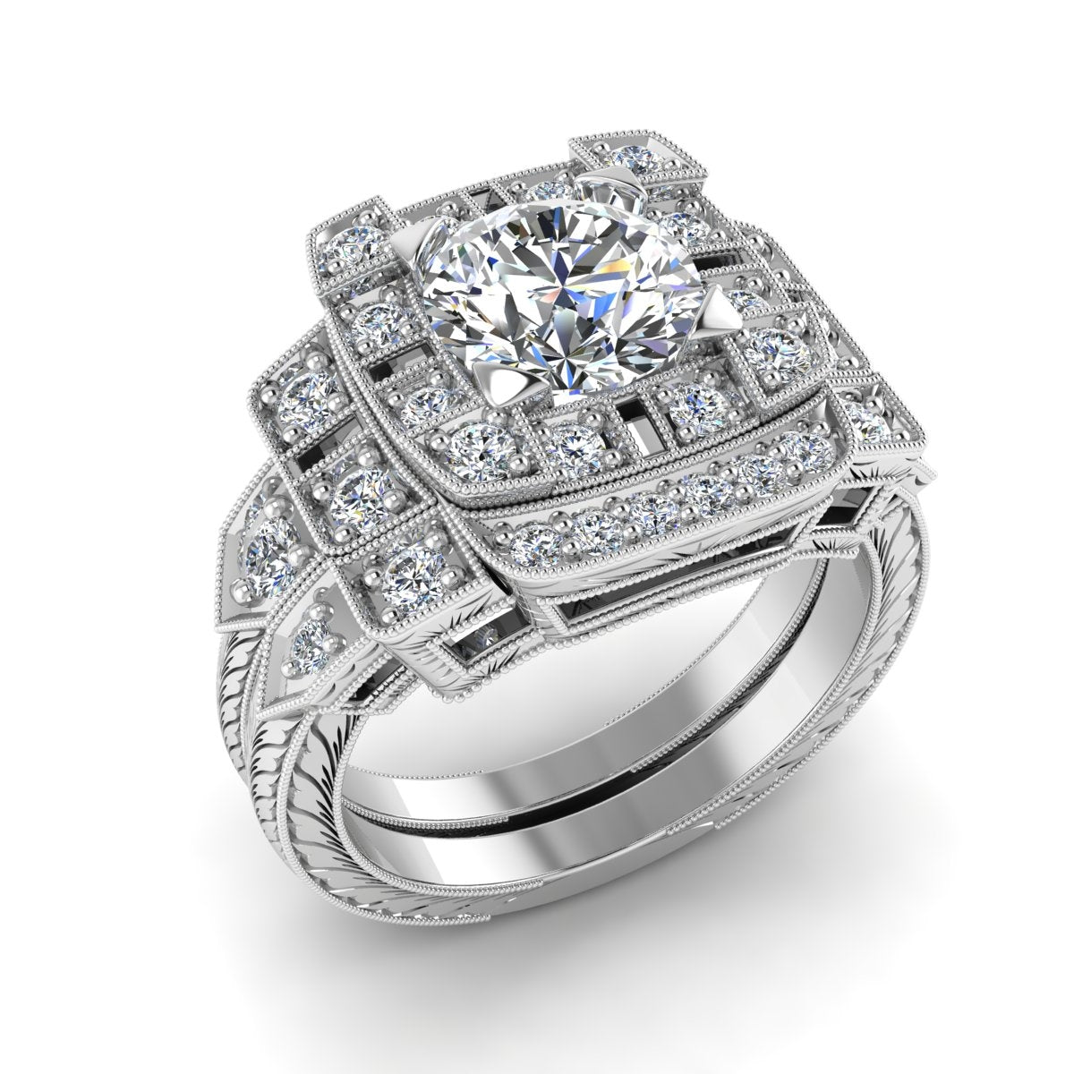 Antique Inspired Diamond Engagement Ring with Baguettes and Milgrain by Gordon Clark