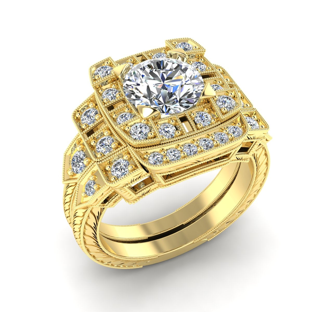 Antique Inspired Diamond Engagement Ring with Baguettes and Milgrain by Gordon Clark