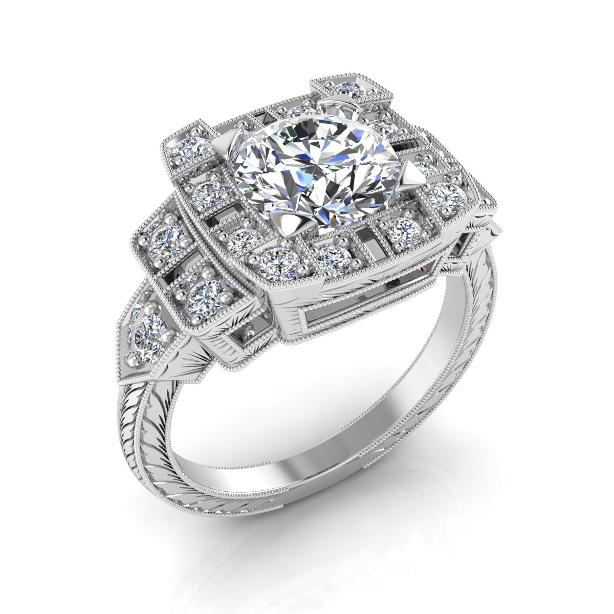 Antique Inspired Diamond Engagement Ring with Baguettes and Milgrain by Gordon Clark
