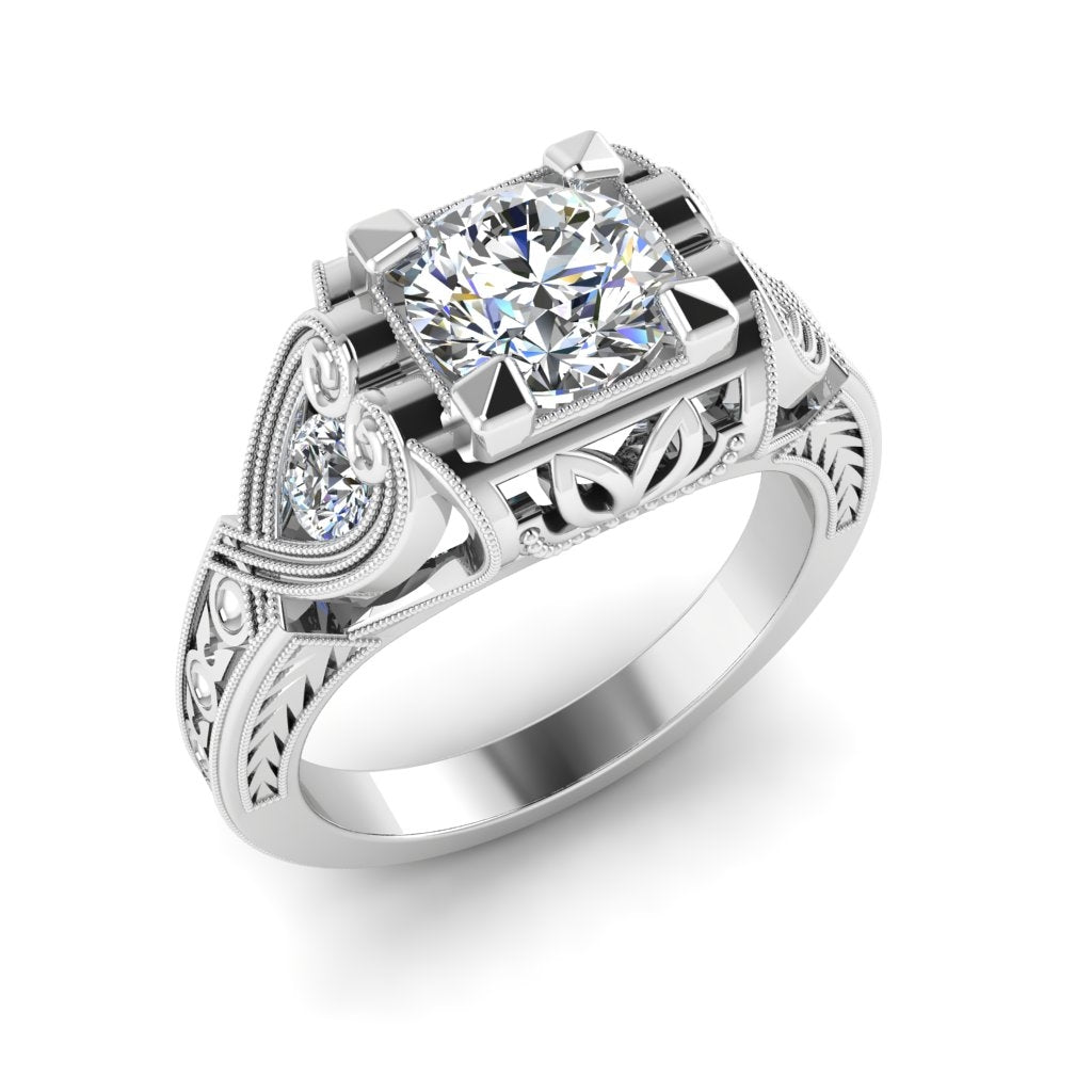 Jolie Designs Vintage Inspired Heart Diamond Engagement Ring with Milgrain and Side Hearts