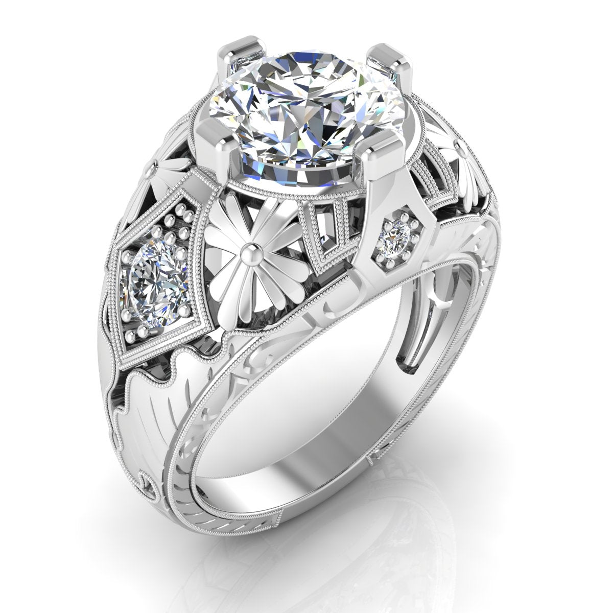 Art Deco Flower Engraved Diamond Engagement Ring by Jolie Designs