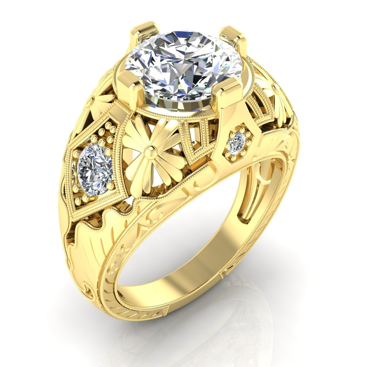 Art Deco Flower Engraved Diamond Engagement Ring by Jolie Designs