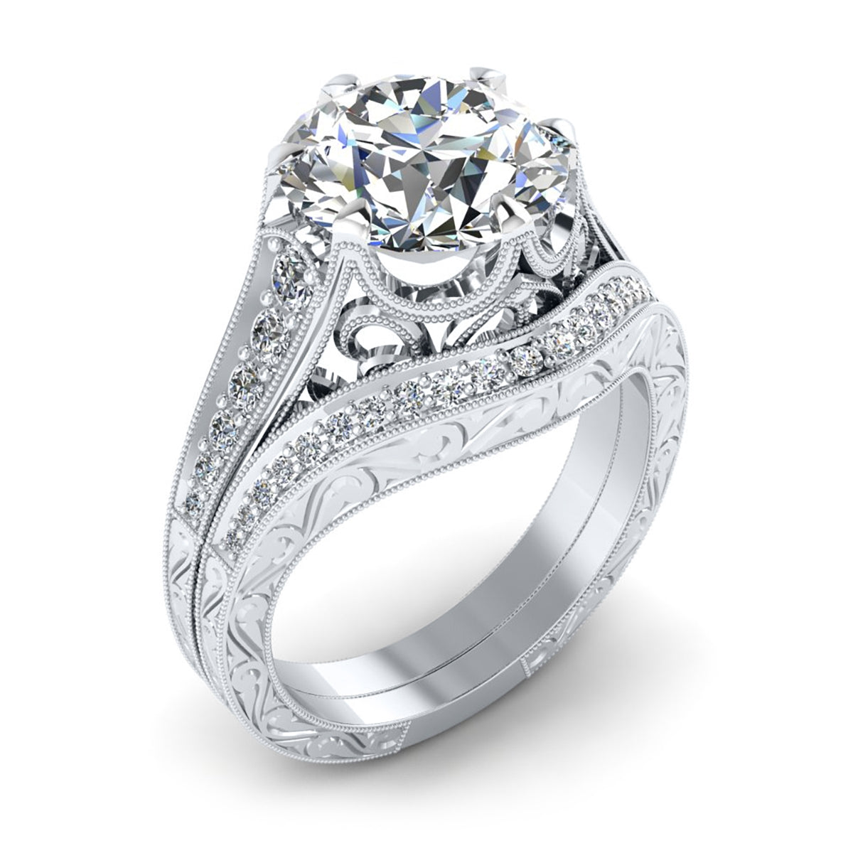Antique Style Diamond Curved Guard Band with Scroll Engraving by Jolie Designs
