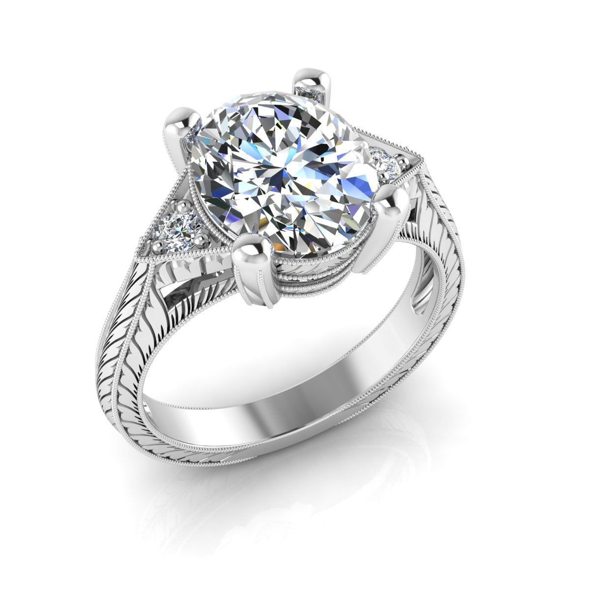 Antique Inspired Petite Diamond Engagement Ring with Milgrain and Engraving by Jolie Designs