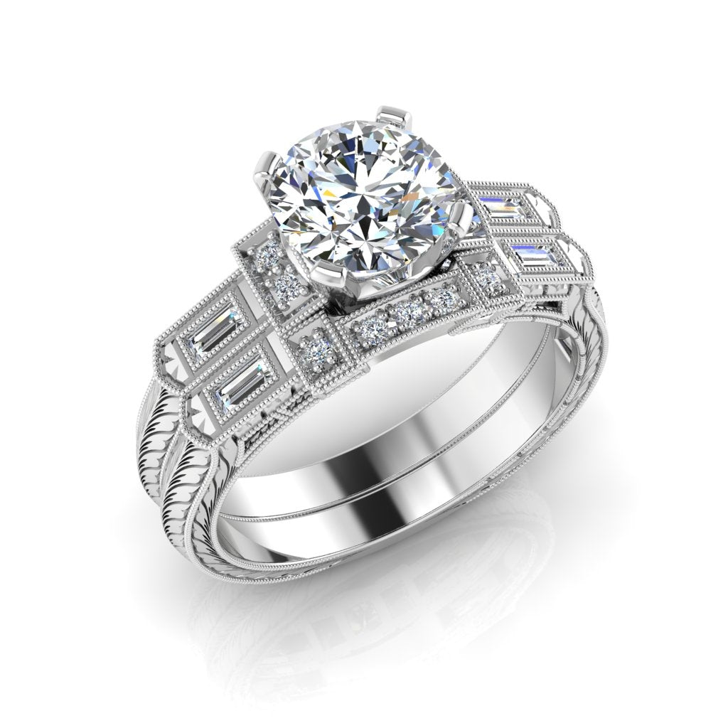 Antique Inspired Engraved Diamond Guard Band with Mill Graining by Jolie Designs