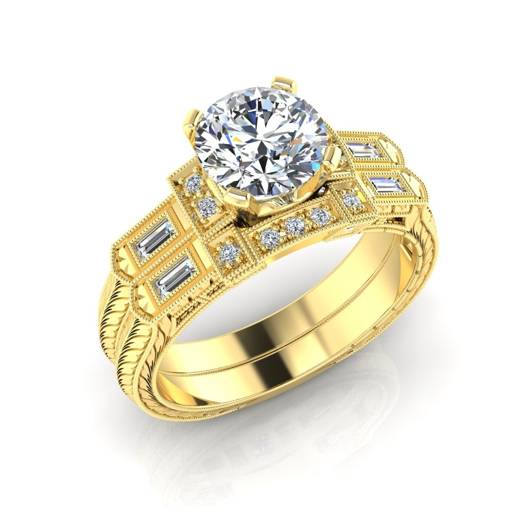 Vintage Inspired Petite Diamond Engagement Ring with Baguettes by Jolie Designs