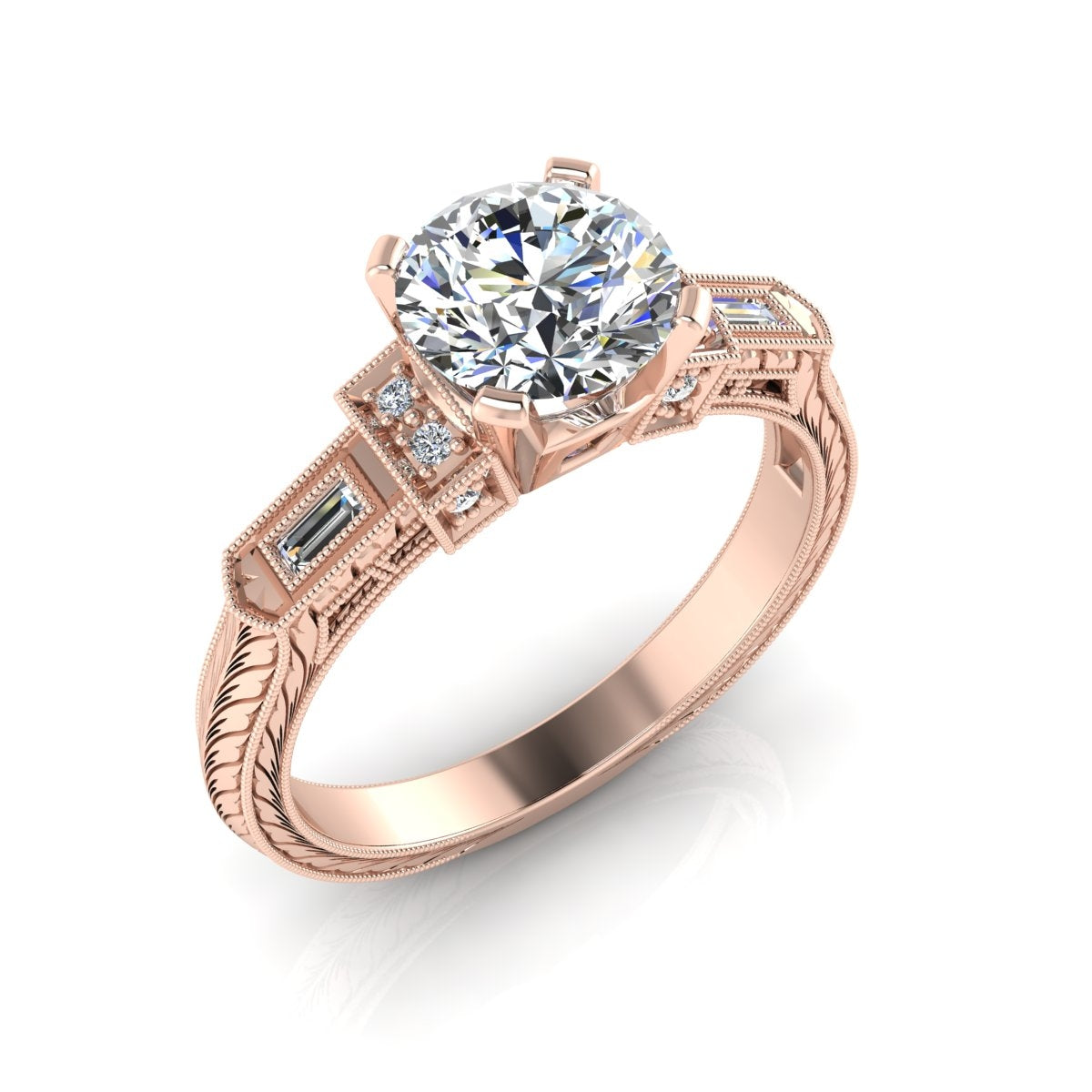 Vintage Inspired Petite Diamond Engagement Ring with Baguettes by Jolie Designs