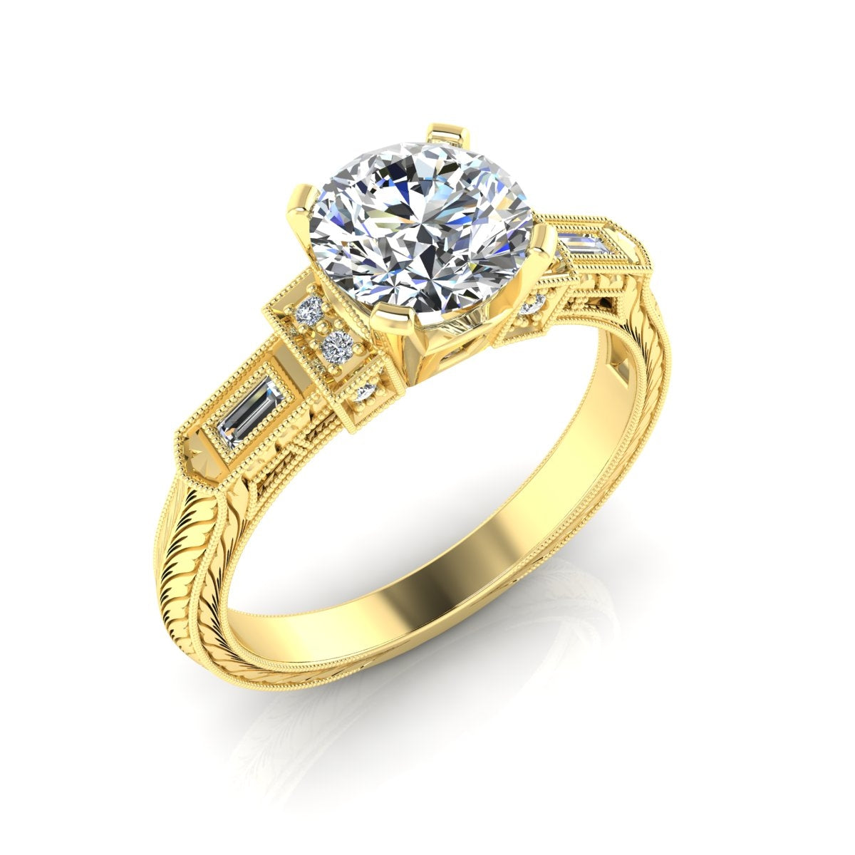 Vintage Inspired Petite Diamond Engagement Ring with Baguettes by Jolie Designs