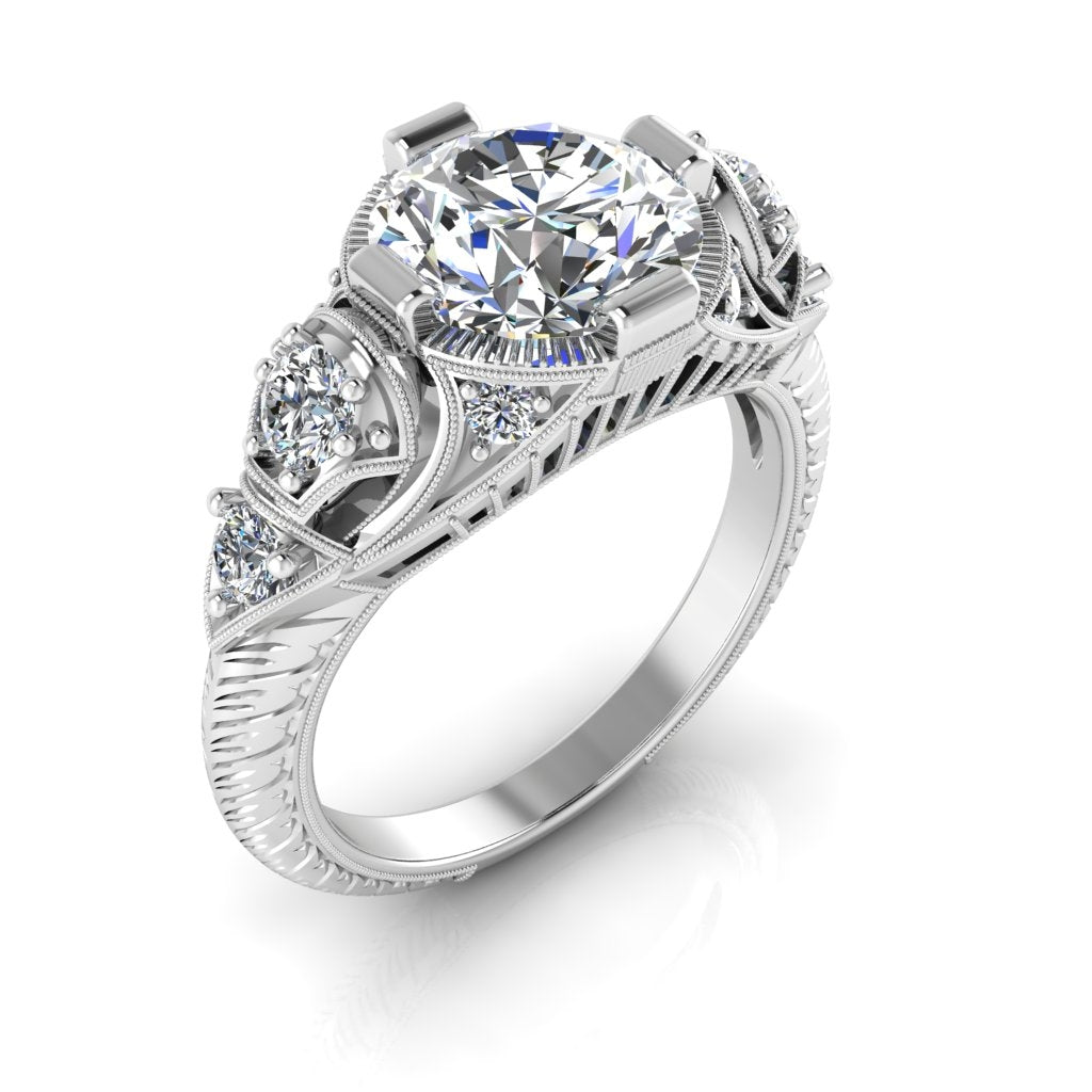 Art Deco Inspired Diamond Engagement Ring with Hand Engraving by Jolie Designs