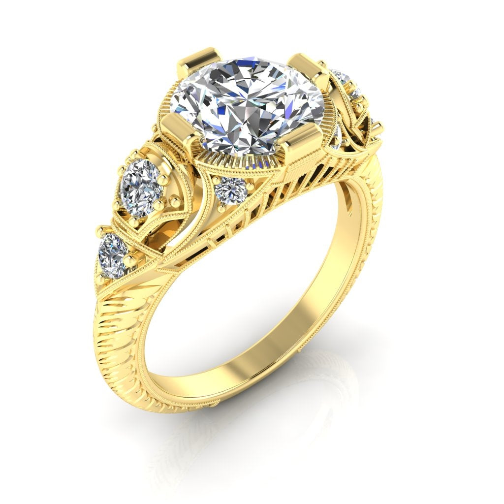 Art Deco Inspired Diamond Engagement Ring with Hand Engraving by Jolie Designs