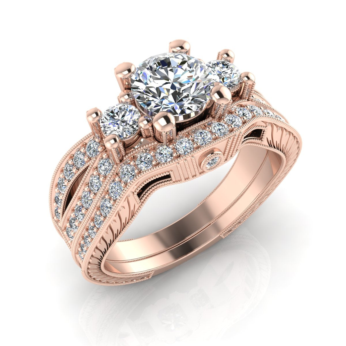 Classic Wheat Engraved Diamond Guard Band with Mill Graining by Gordon Clark