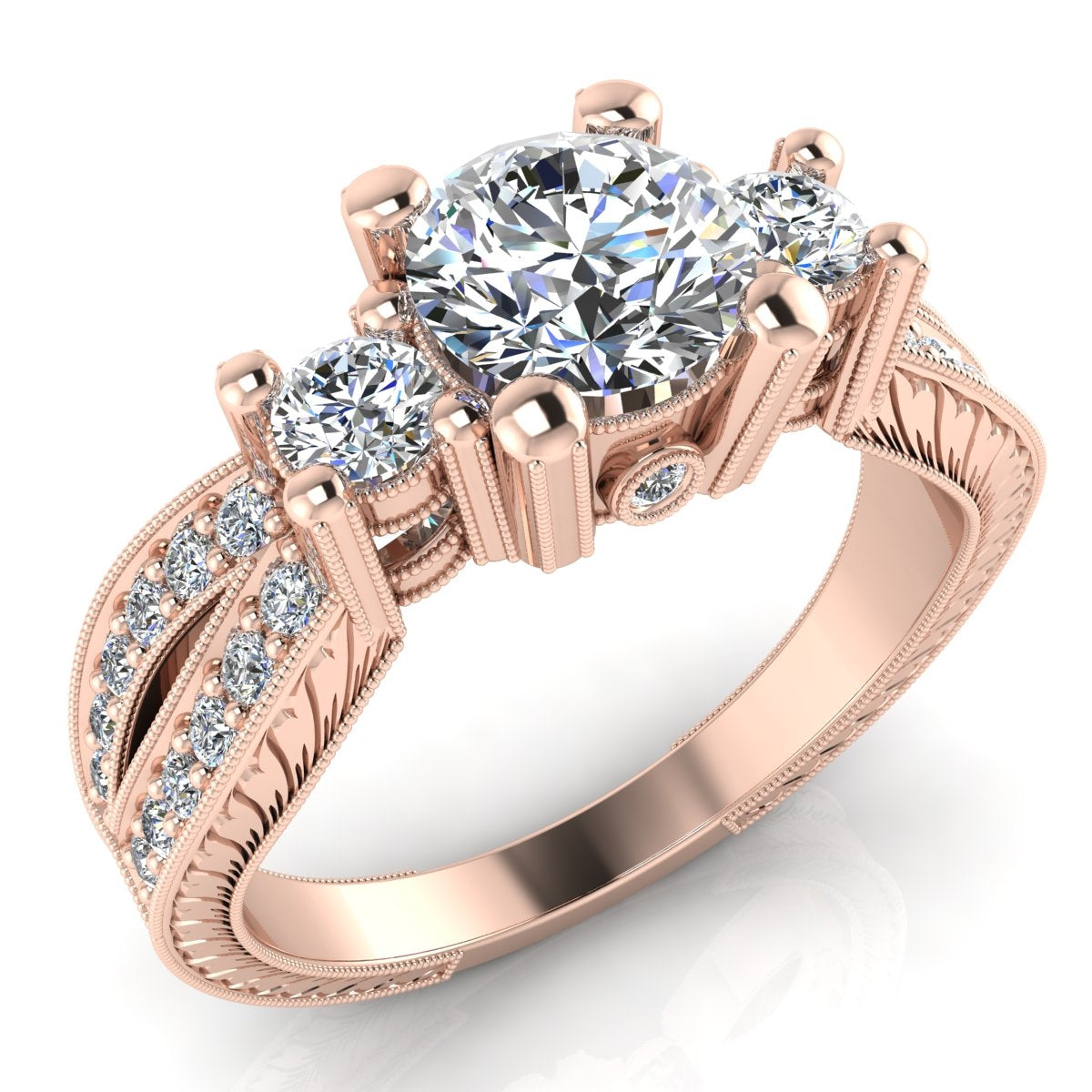 Gordon Clark Classic Inspired 3 Stone Engraved Diamond Engagement Ring by Jolie Designs