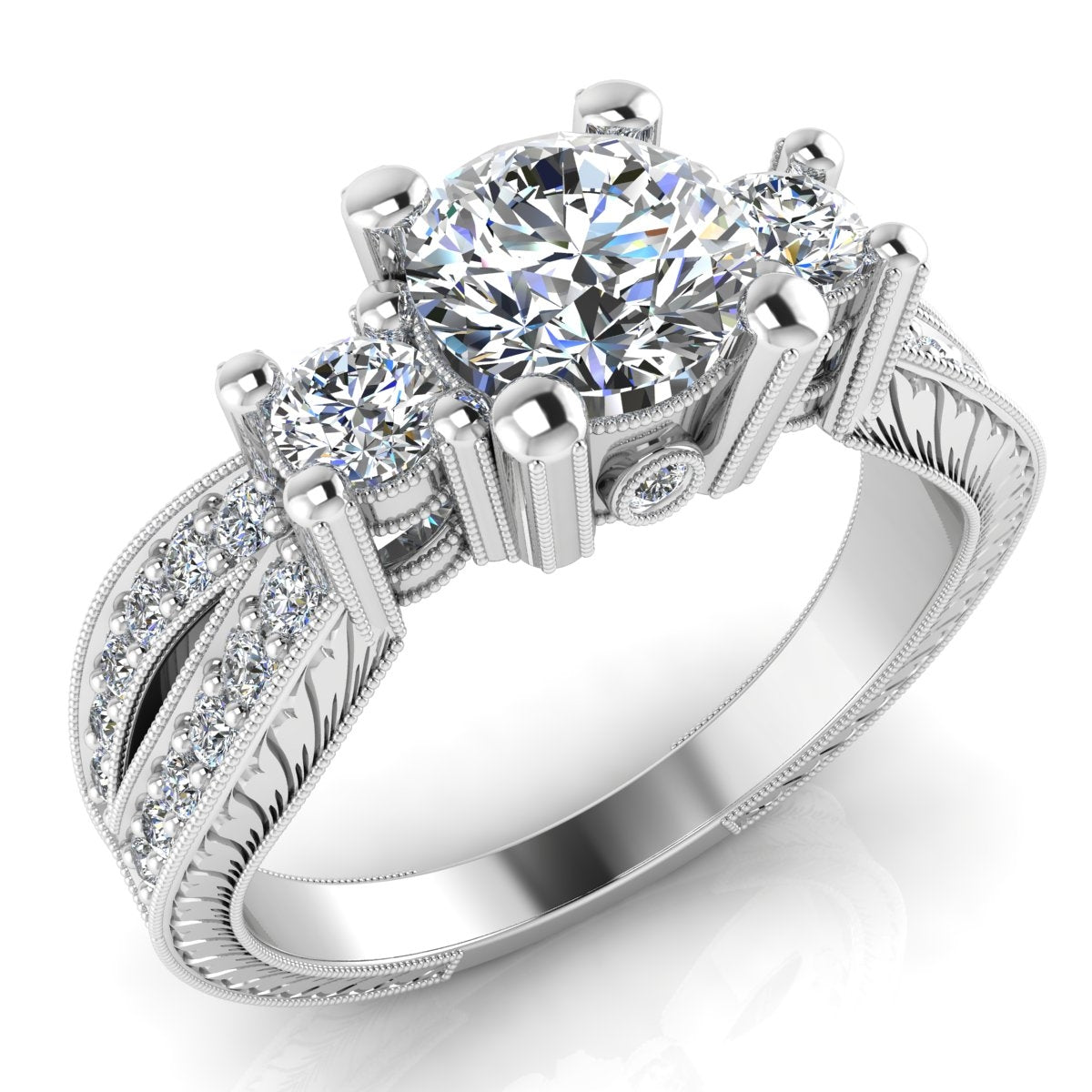 Gordon Clark Classic Inspired 3 Stone Engraved Diamond Engagement Ring by Jolie Designs