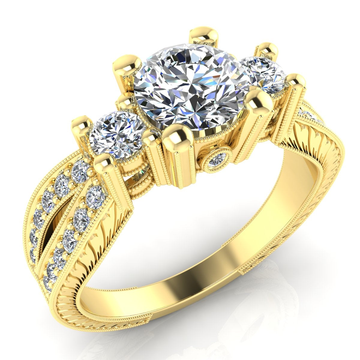 Gordon Clark Classic Inspired 3 Stone Engraved Diamond Engagement Ring by Jolie Designs