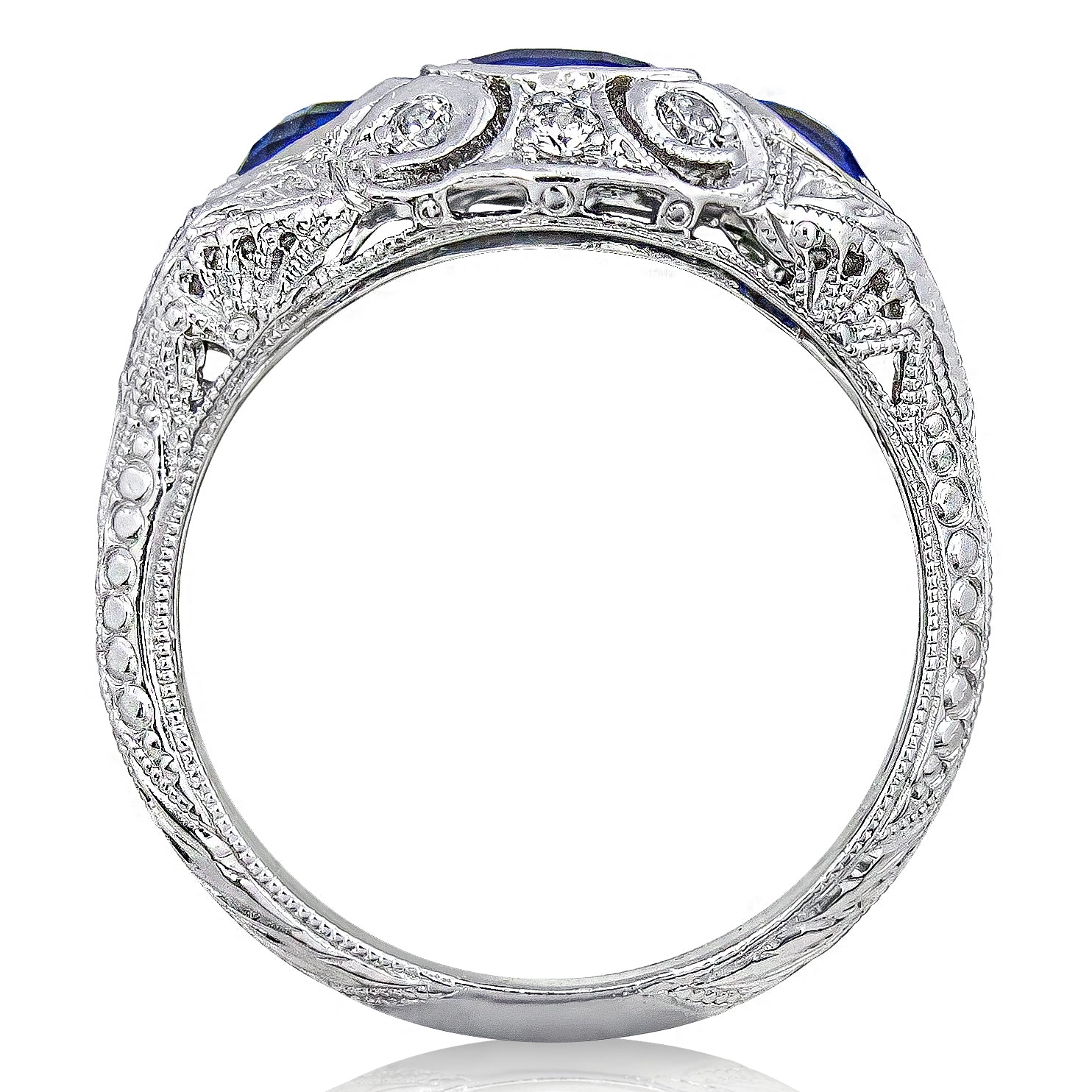 Antique Style Three Stone Blue Sapphire Ring with Mill Graining by Jolie Designs