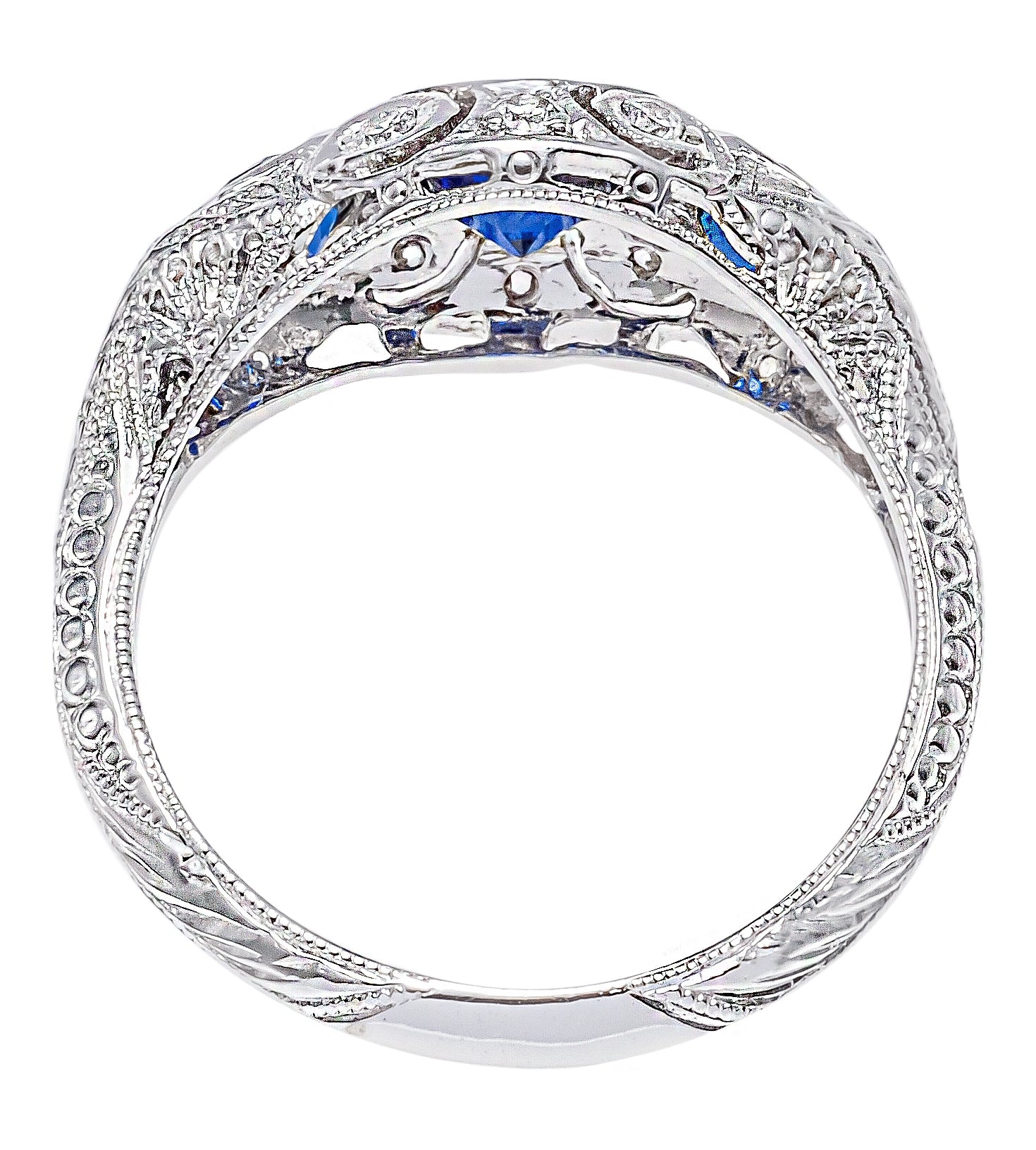 Antique Style Three Stone Blue Sapphire Ring with Mill Graining by Jolie Designs