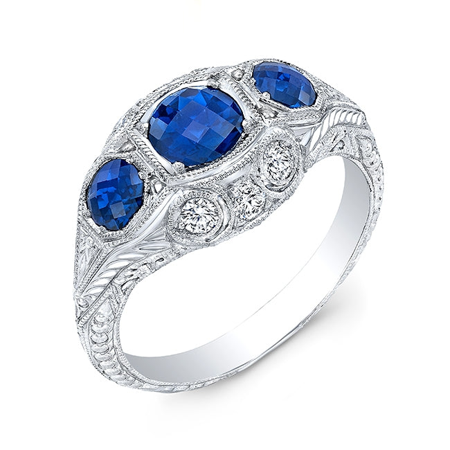 Antique Style Three Stone Blue Sapphire Ring with Mill Graining by Jolie Designs