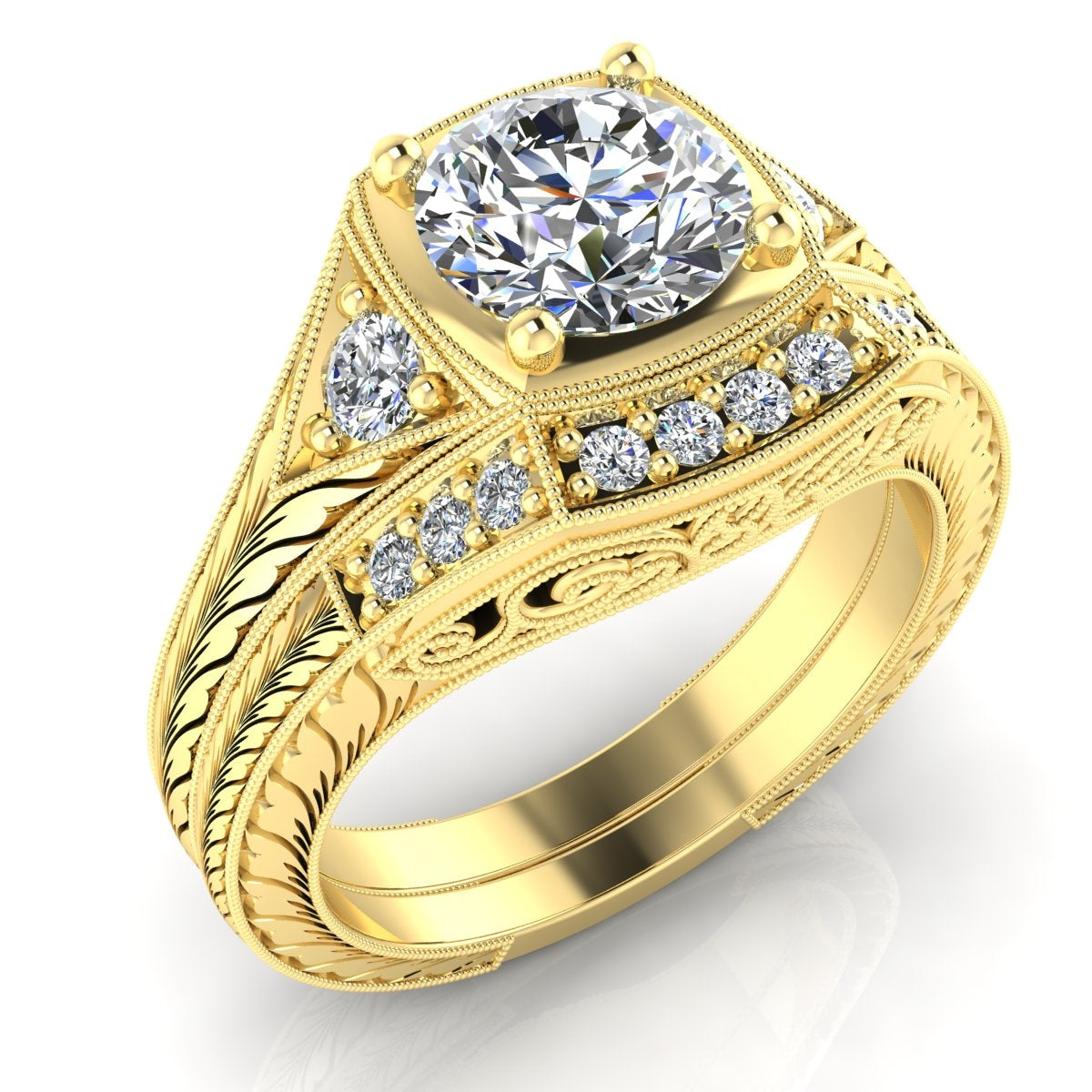 Vintage Inspired Petite Diamond Engagement Ring with Hand Engraving by Jolie Designs