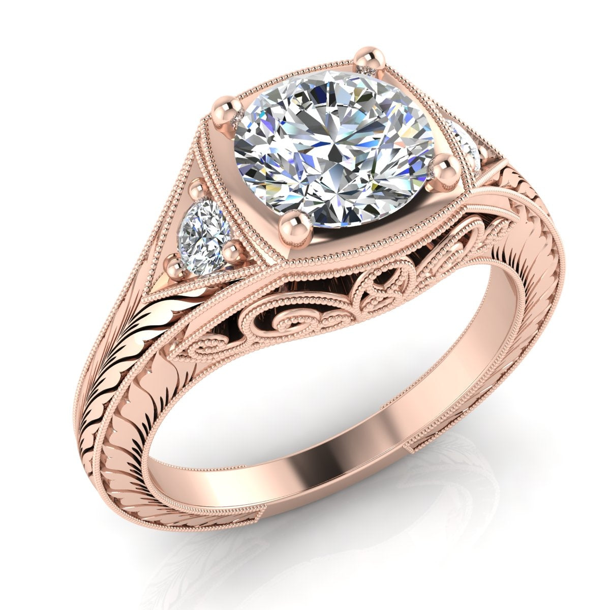 Vintage Inspired Petite Diamond Engagement Ring with Hand Engraving by Jolie Designs