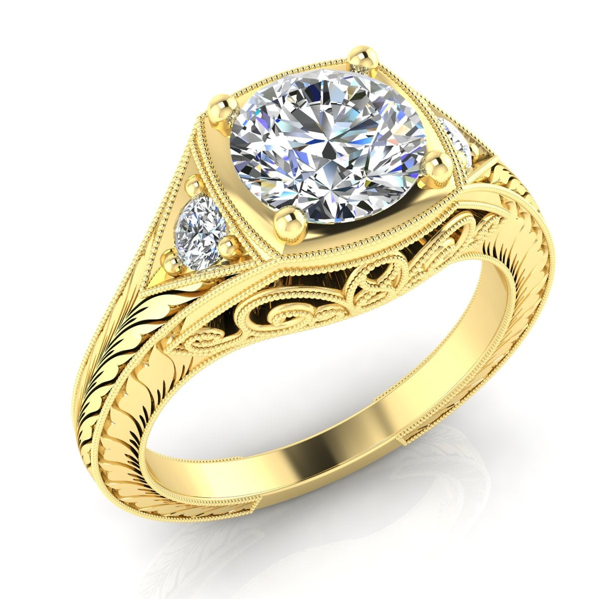 Vintage Inspired Petite Diamond Engagement Ring with Hand Engraving by Jolie Designs