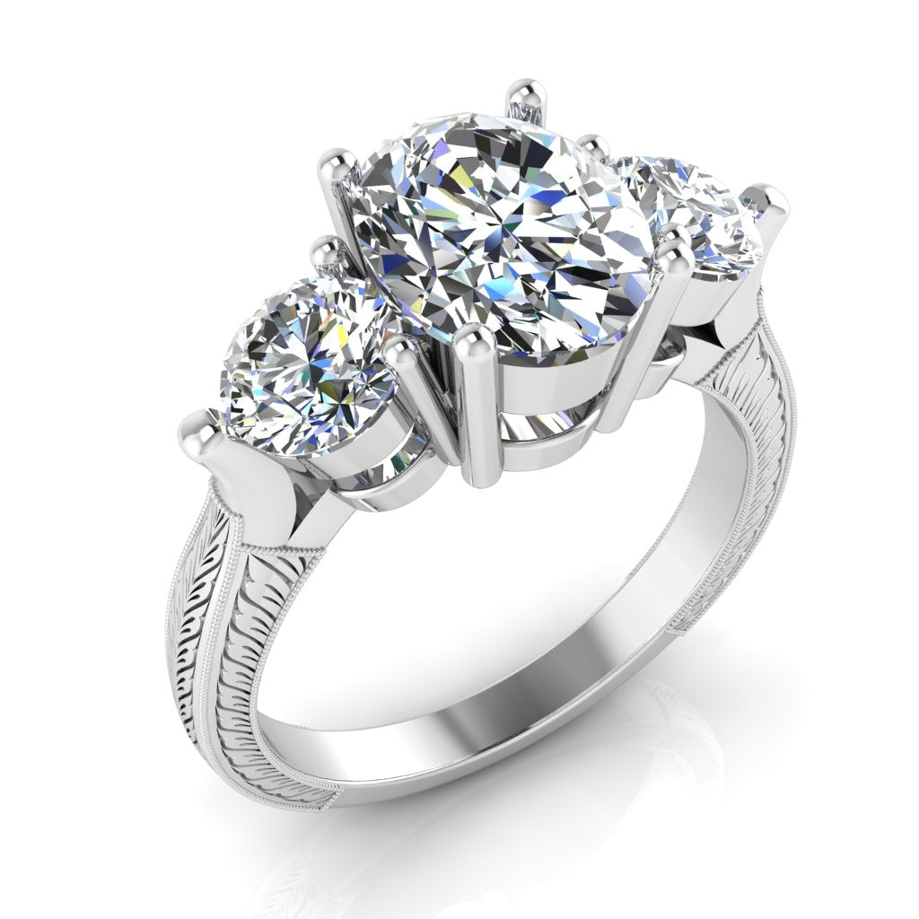 Antique Inspired Oval Three Stone Engraved Ring by Jolie Designs