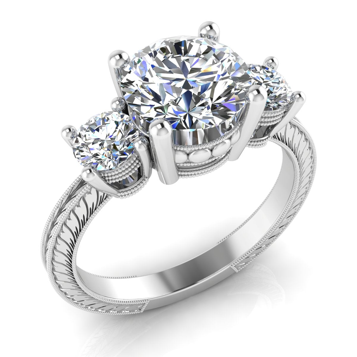 Antique Inspired Three Stone Milgrain Engraved Ring by Gordon Clark