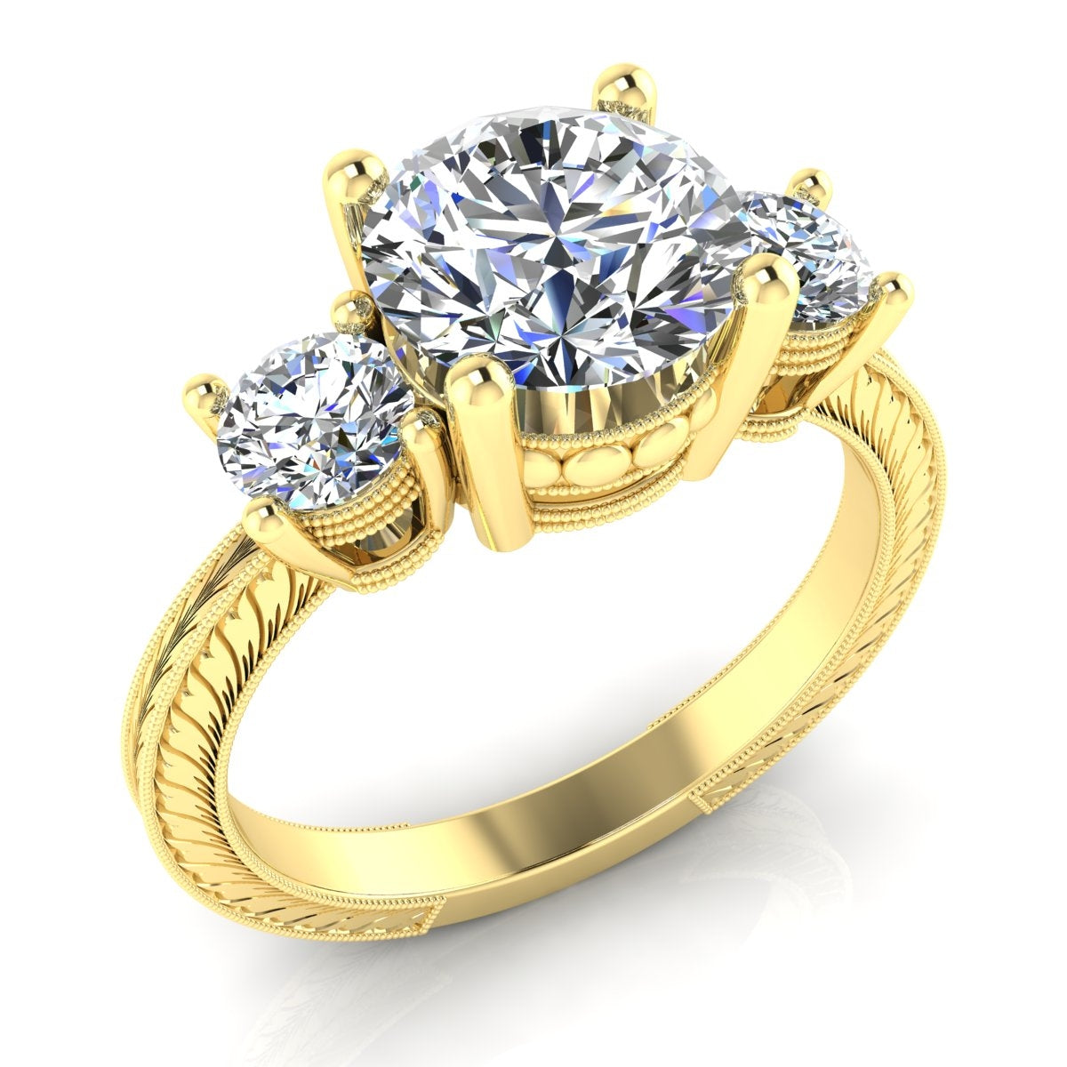 Antique Inspired Three Stone Milgrain Engraved Ring by Gordon Clark