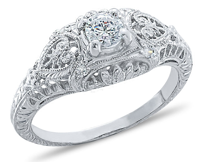 Antique Inspired Petite Diamond Engagement Ring with Art Deco Design by Jolie Designs