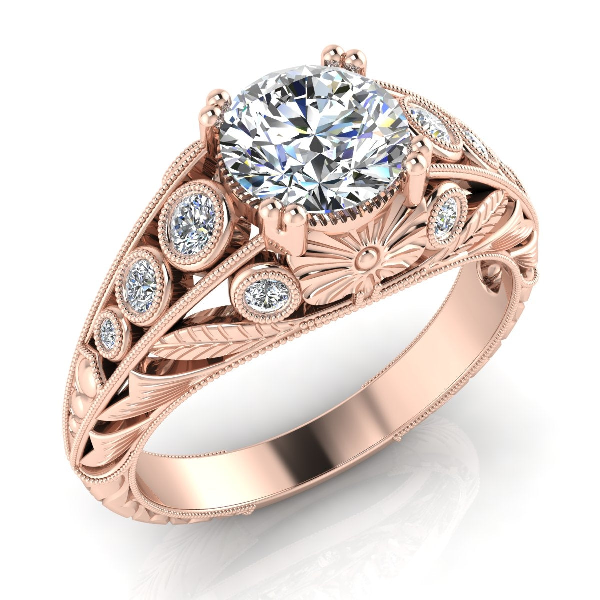 GORDON CLARK- Engagement Ring. Antique Inspired Art Deco Bezel Set RD Diamonds and leaves pattern.